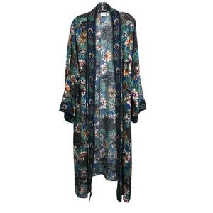 SIMPLE By Suzanne Betro Womens Duster Kimono Topper Cover Up Green Navy Floral M